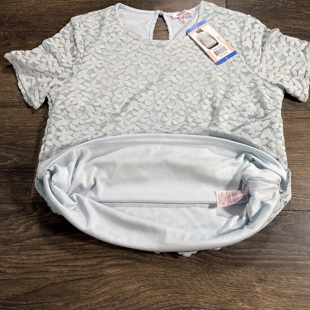 NWT Teddi Rose Sz L Light Blue Floral Lace Top Scalloped Hem Coquette Romantic - Picture 5 of 10